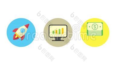 商业图标火箭显示器与商业图形钱。 动画图标。 透明背景