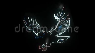 鹰霓虹灯动画在阿尔法频道，2d。 红、白、蓝三种颜色的光组成了有伸展翅膀的鸟。 概念