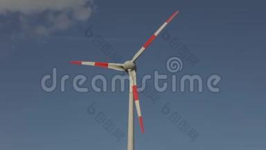 风力发电机组特写背景云浮天.. 大型风力发电机叶片旋转关闭