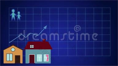 2D动画，蓝色箭头向上移动的图形，房屋出现在底部。 成人和儿童的数字