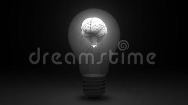 在灯泡里发光的人脑。 想法或洞察力相关的概念三维动画