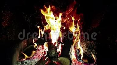 真正的火苗燃烧着树枝，壁炉在缓慢的运动中燃烧着