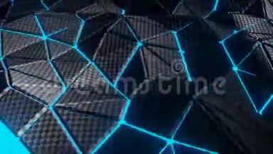蓝色光模糊霓虹灯设计上的灰色三角形格子图案3D波现代未来技术背景视频