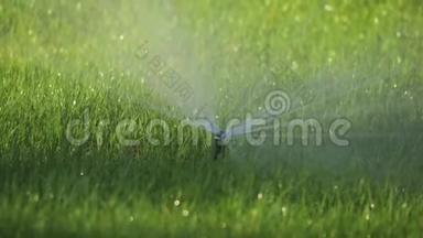 洒水车在房子附近洒下一片绿色的草坪.. 浇水生活方式草洒水的概念
