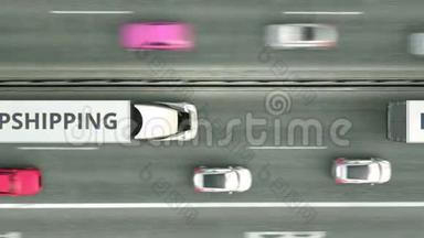 在高速公路上行驶的带有Drophipping文字的拖车的空中俯视图。 循环三维动画