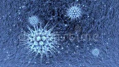 科罗纳病毒。 显微镜下病毒。 人类免疫系统病毒跨越屏幕移动。 细菌病毒或细菌