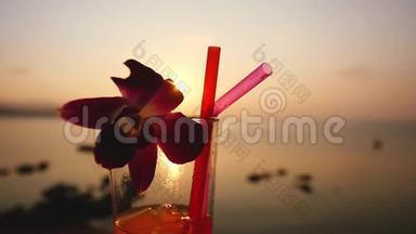 一杯带吸管的热带鸡尾酒，在<strong>令人惊叹</strong>的日落和美丽的海景背景下装饰了一朵花。 慢慢慢慢