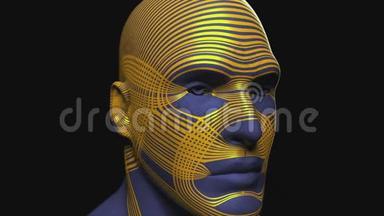 演示一个金人的头和脸。 计算机生成的背景。 3D流体造型图