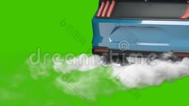 从跑车`排气管里冒出来的烟。 汽车排气管前面的绿色屏幕。