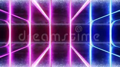 可循环霓虹灯飞碟未来主义背景发光紫色潘通蓝色激光光束在混凝土现代表面大厅背景侧