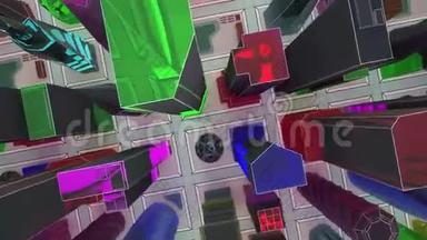 飞过一座玻璃城市摩天大楼的<strong>模型</strong>。 3D动画的<strong>宣传</strong>视频。 循环。