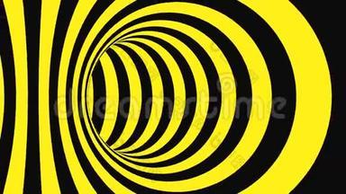 黑色和黄色的迷幻光学错觉。 抽象催眠动画背景.. 螺旋几何循环警告壁纸