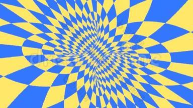 蓝色和黄色的迷幻光学错觉。 抽象催眠钻石动画背景.. 菱形壁纸