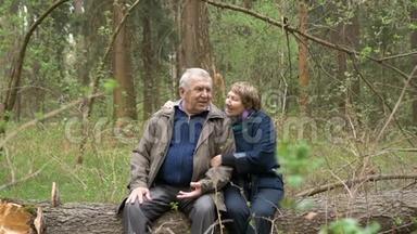 一对年老美丽的夫妇坐在木头上，坐在锯木上。 他们温柔地交谈，拥抱，相爱地互相看着