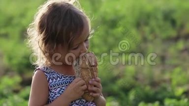 有机生态农场田里小女孩吃家常面包的画像