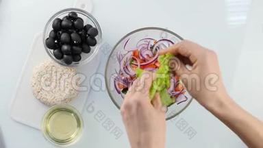上景。 女人做素食低<strong>热量</strong>希腊沙拉，把蔬菜放在碗里。 4K