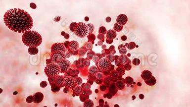 粘膜红色冠状病毒三维模型。 4k循环平滑动画病毒漂浮在液体中。 科学