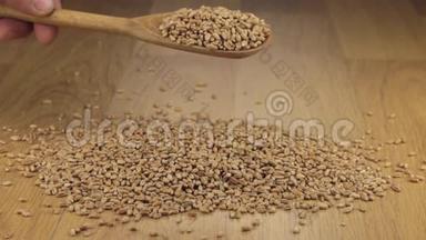 麦粒从一堆小麦上的木勺中得到足够的睡眠