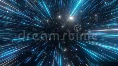 抽象<strong>超</strong>空间背景。 光的速度，霓虹发光的光线和恒星的运动。 蓝色版本。 穿过星星。 4k
