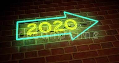 霓虹灯2020年标志显示，新年庆祝活动将`4k