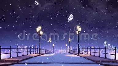 4K冬季雪夜的桥梁和城市天际线