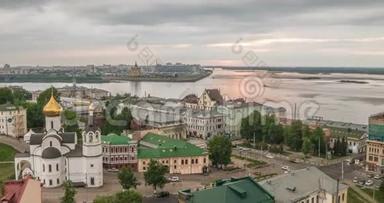 诺夫哥罗德，俄罗斯。 <strong>白天</strong>时间流逝，伏尔加河的<strong>景色</strong>，奥卡河和伏尔加河的汇合点，诺夫哥罗德尼河