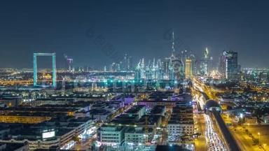 迪拜的天际线，美丽的市中<strong>心</strong>灯和谢赫<strong>扎</strong>耶德的道路交通夜晚，迪拜，联合阿拉伯