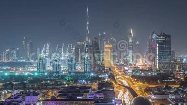迪拜的天际线，美丽的市中<strong>心</strong>灯和谢赫<strong>扎</strong>耶德的道路交通夜晚，迪拜，联合阿拉伯