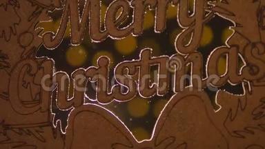 圣诞<strong>彩灯背景</strong>上印有圣诞快乐字样的木制标牌