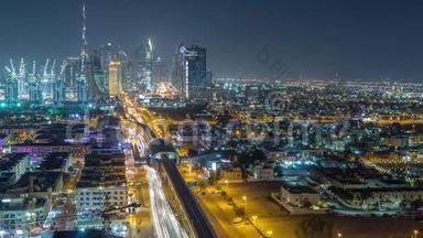 迪拜的天际线，美丽的市中心灯和谢赫扎耶德的道路交通夜晚，迪拜，联合阿拉伯