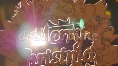 圣诞彩灯背景上印有圣诞快乐字样的木制标牌