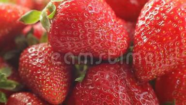 一堆红色鲜甜草莓的宏观视频