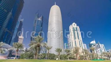 多哈的天际线从<strong>卡塔尔</strong>的公园时间推移超移