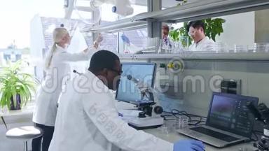 在实验室工作的科学家。 做医学研究的医生。 实验室工具：显微镜、试管、设备