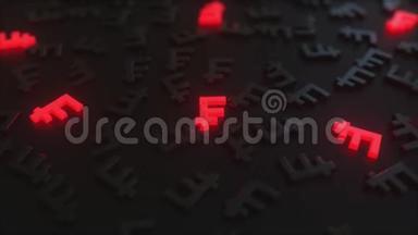 红色瑞士法郎在黑色瑞士法郎符号中发光。 概念三维动画