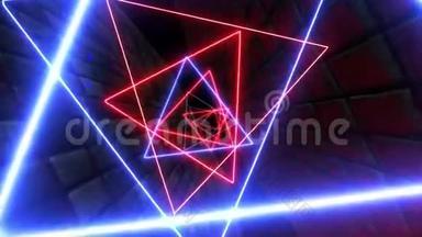 未来派霓虹灯红蓝三角隧道.. 发光的发光和移动