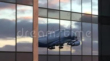 飞机起飞反射机场窗口，美丽的三维动画4k，超高清晰度3840x2160