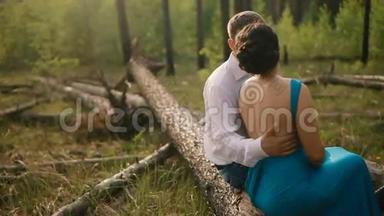 在森林里的一对幸福的情侣坐在倒下的树上