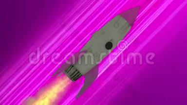 火箭飞船通过太空动画飞行。 粉色对角线动画速度线.. 空间运动背景
