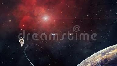 太空场景。 宇航员用行星在红色星云<strong>中</strong>飞行。 美国宇航局提供的元素。 3D绘制