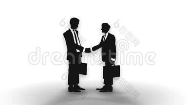 商务人士握手剪影.. 成功的商业象征。 团队合作和会议。 抽象循环cg动画..