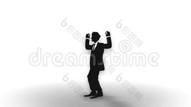 快乐男人跳起来的剪影。 成功的商业象征。 成功的商业人士举起双臂。 循环cg动画..