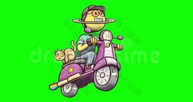 土星角色驾驶滑板车动画-隔离在绿色关键背景