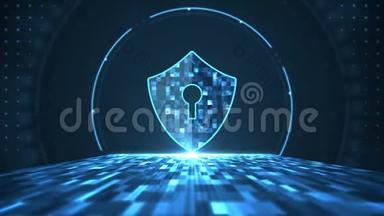 网络安全概念。 在抽象大数据数字中心、服务器和数据通信传输上带有锁孔图标的屏蔽
