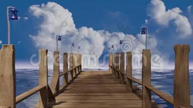 木制码头飞越蓝色的海洋，快速的白云时间流逝