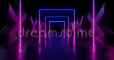 滑动运动相机蓝紫色螺旋霓虹灯发光激光表演舞台十字形沥青水泥跑道混凝土柱空