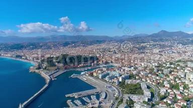 鸟瞰尼斯法国长廊，地中海和机场景观。城市全景。无人机4K视频
