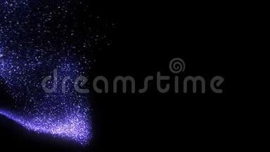 紫色粒子在暗背景上的抽象飞行。动画。惊人的太空尘埃，明亮的移动彗星