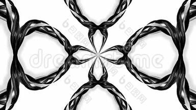 带有黑白丝带的4k循环动画被扭曲，并形成复杂的结构作为万花筒效应。 72
