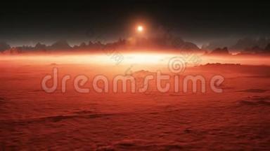 火星上的日落。 火星山脉，沙尘暴后从山谷俯瞰